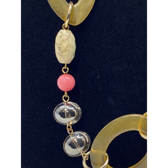 Chunky Gold-Tone Long Necklace With Acrylic Links Beaded Accents & Lobster Clasp - Picture 3 of 8